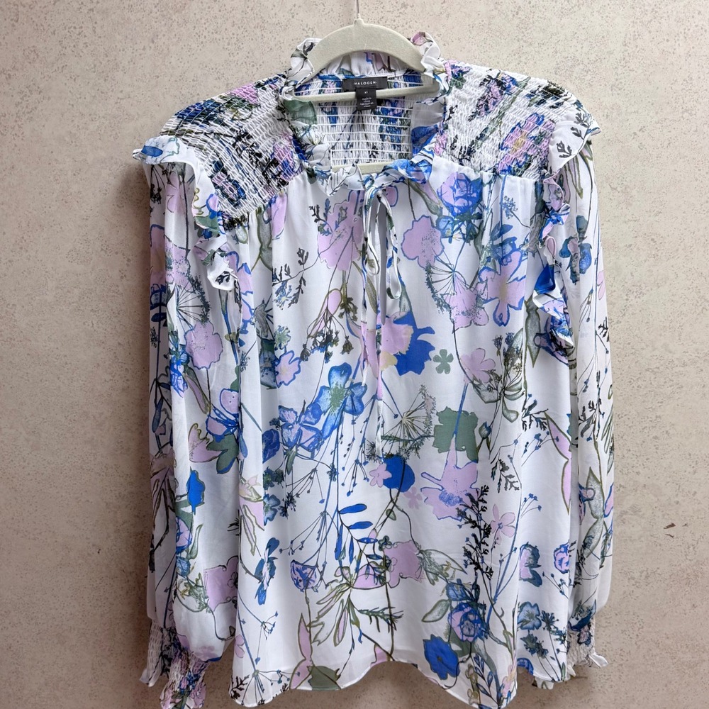 Halogen Floral XL Women Tie Neck Smocked Ruffle Boho Light Feminine Romantic Top